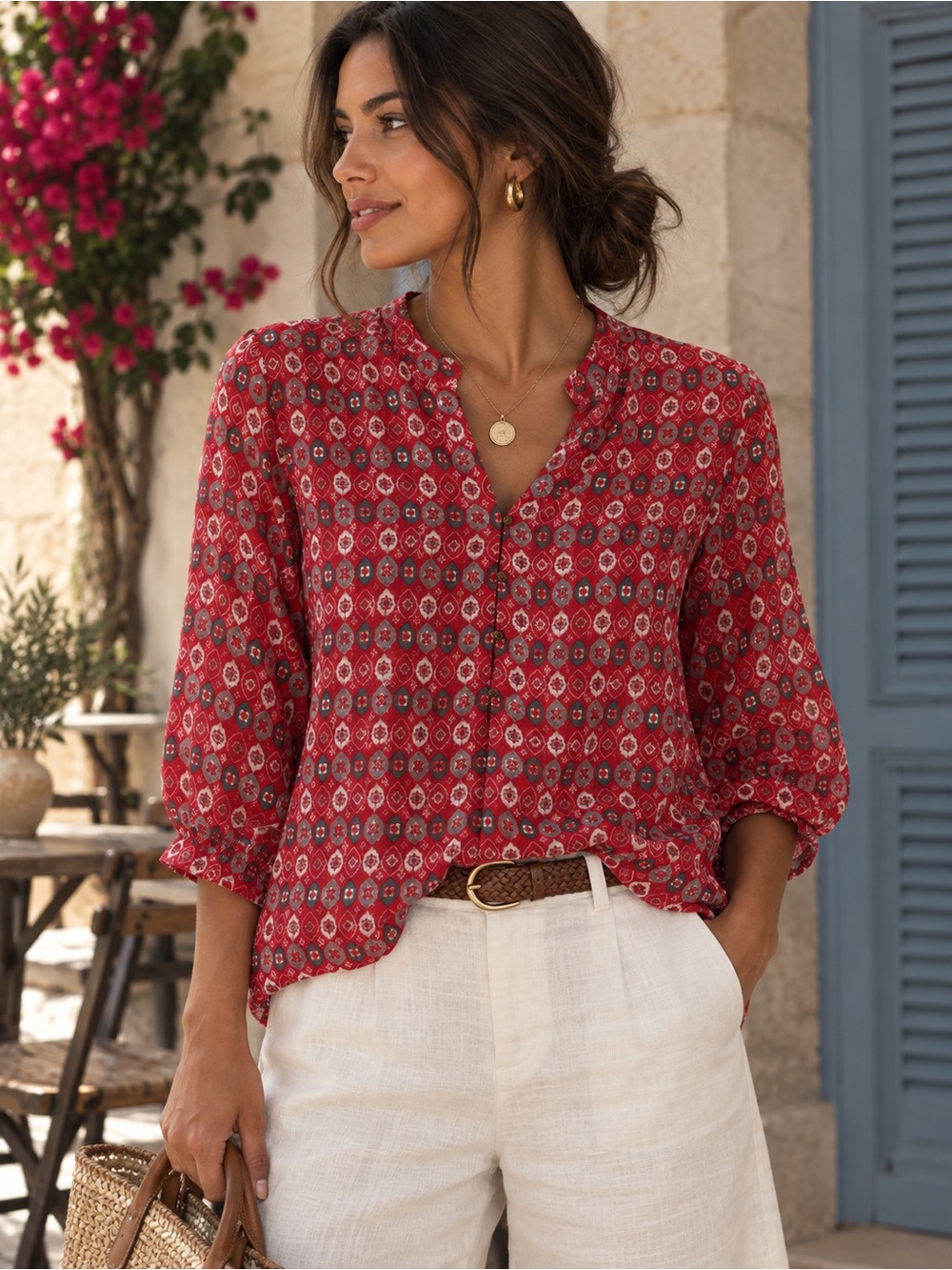 fabindia Red Printed Button-Front Relaxed Blouse
